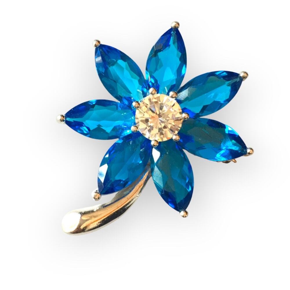 Signed NF Thailand 925 Sterling Silver Blue Crystal Flower Pin Brooch